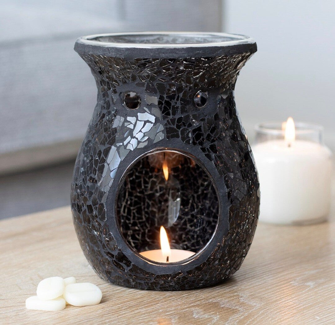 Crackle Glass Large Tealight Burner Black 13.5cm