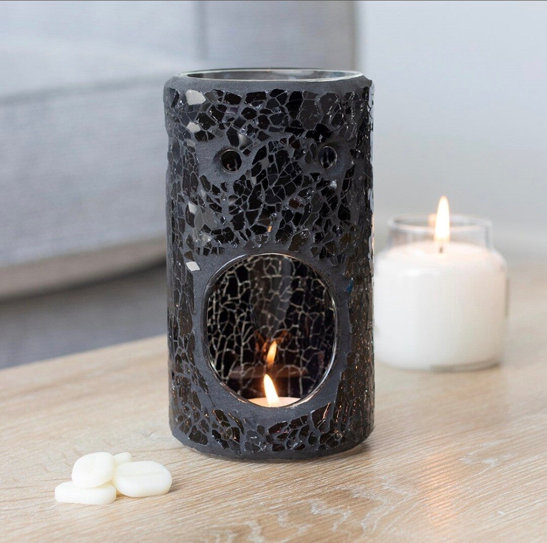 Crackle Glass Pillar Tealight Burner Black 14.5cm