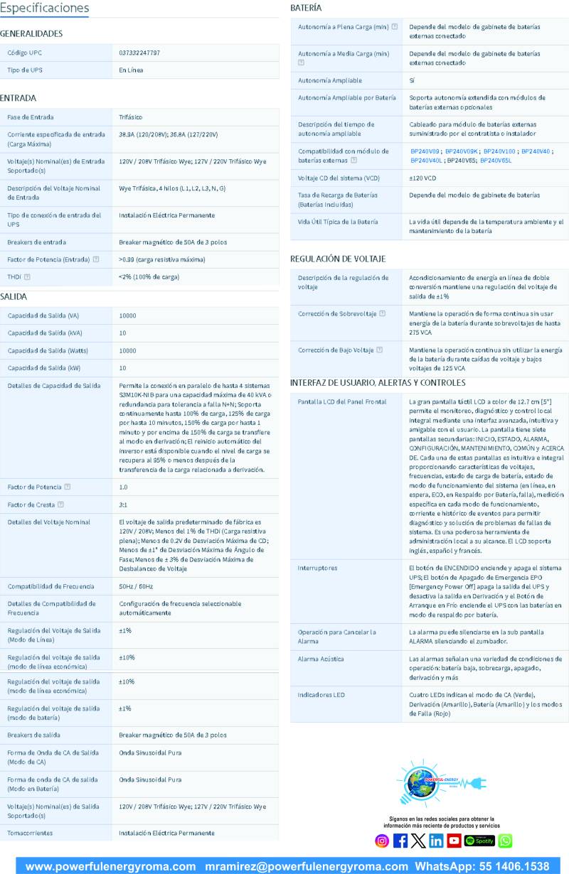 ESPECIFICACIONES 1 UPS S3M10K-NIB DOBLE CONVERSIÓN