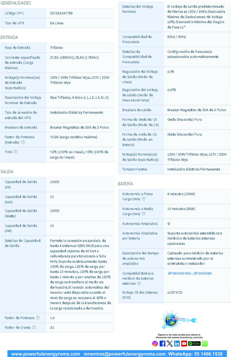 ESPECIFICACIONES 1 UPS S3M10K-NIB DOBLE CONVERSIÓN