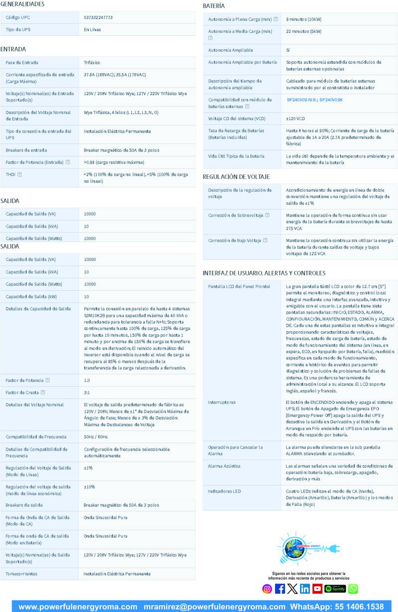 ESPECIFICACIONES 1 UPS S3M10K-NIB DOBLE CONVERSIÓN