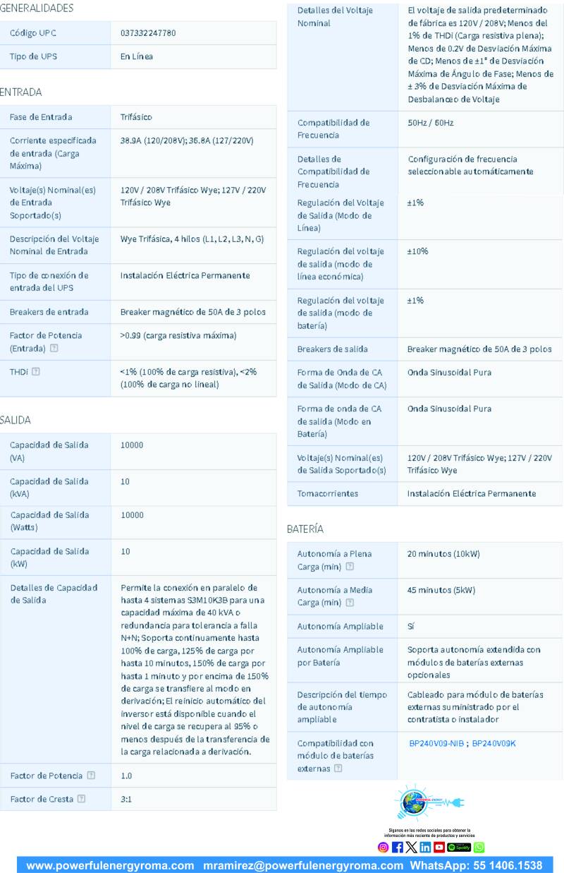 ESPECIFICACIONES 1 UPS S3M10K-NIB DOBLE CONVERSIÓN
