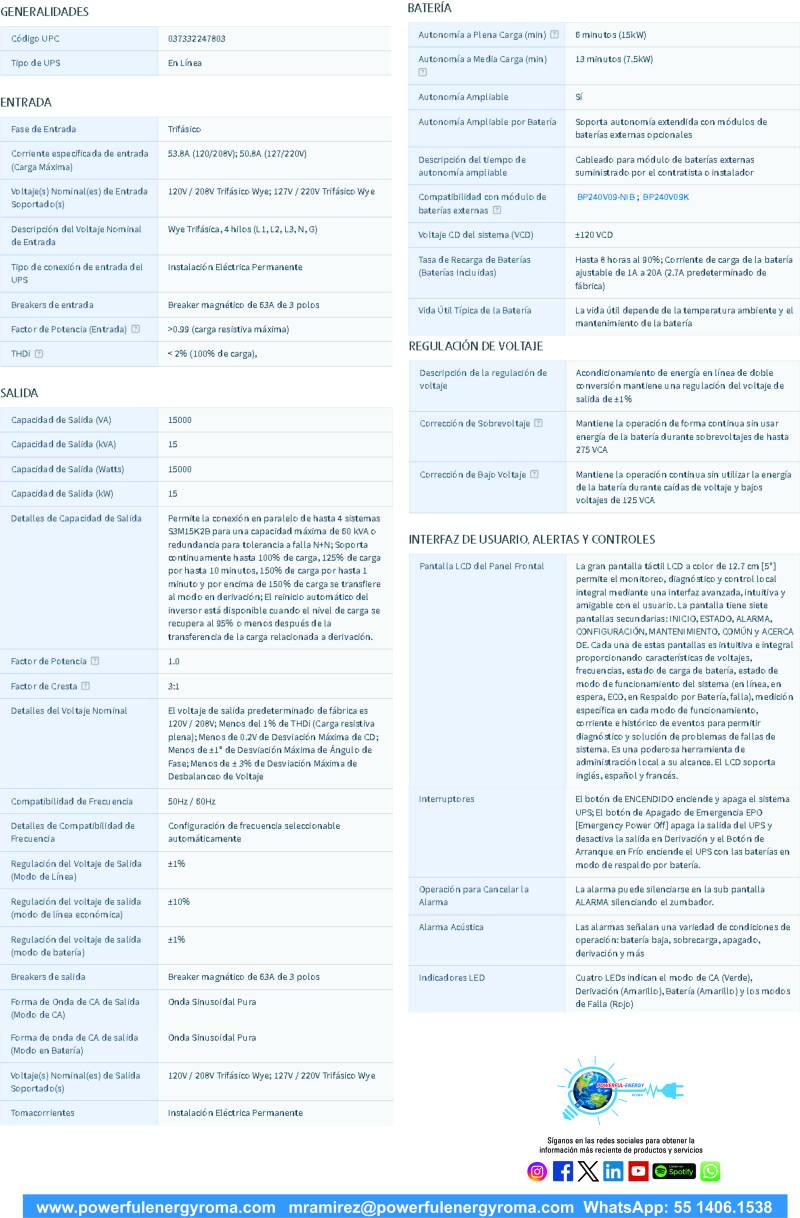 ESPECIFICACIONES 1 UPS S3M10K-NIB DOBLE CONVERSIÓN