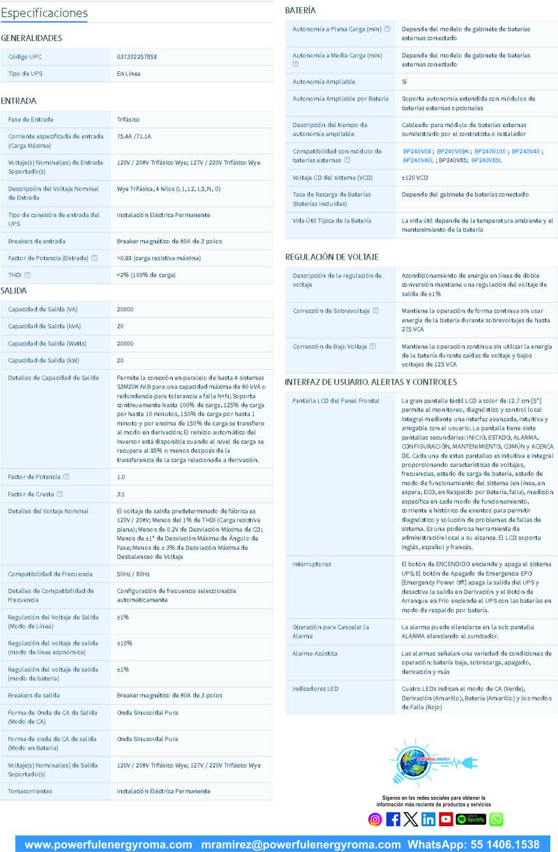 ESPECIFICACIONES 1 UPS S3M30K DOBLE CONVERSIÓN