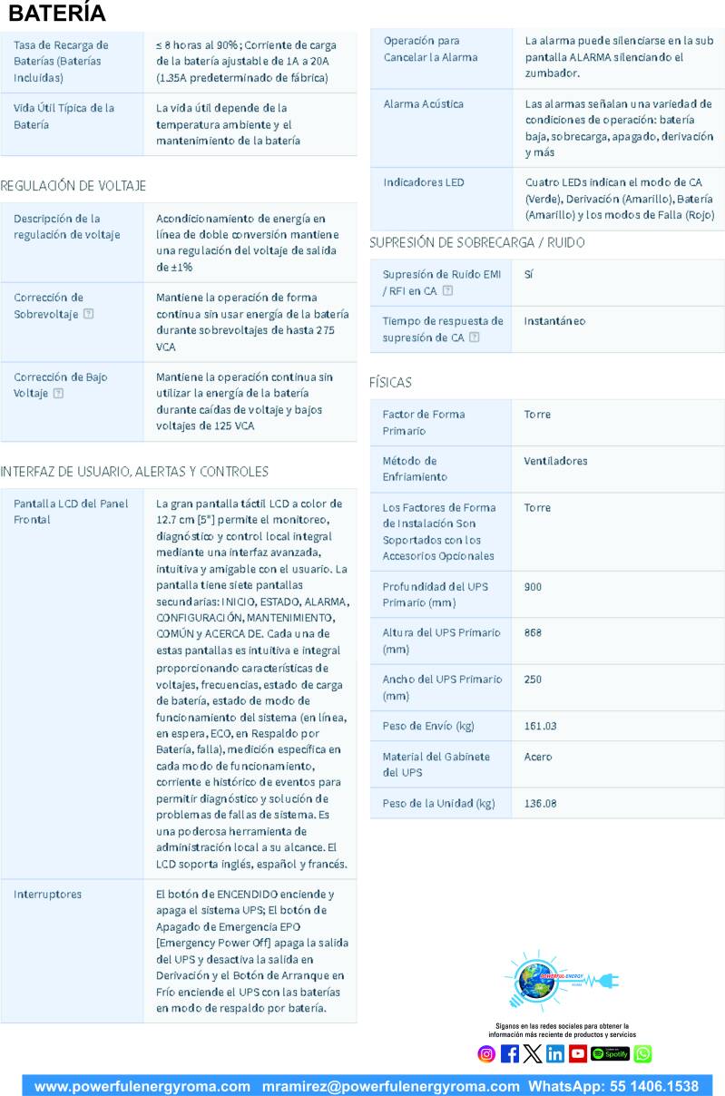 ESPECIFICACIONES 2 UPS S3M10K-NIB DOBLE CONVERSIÓN