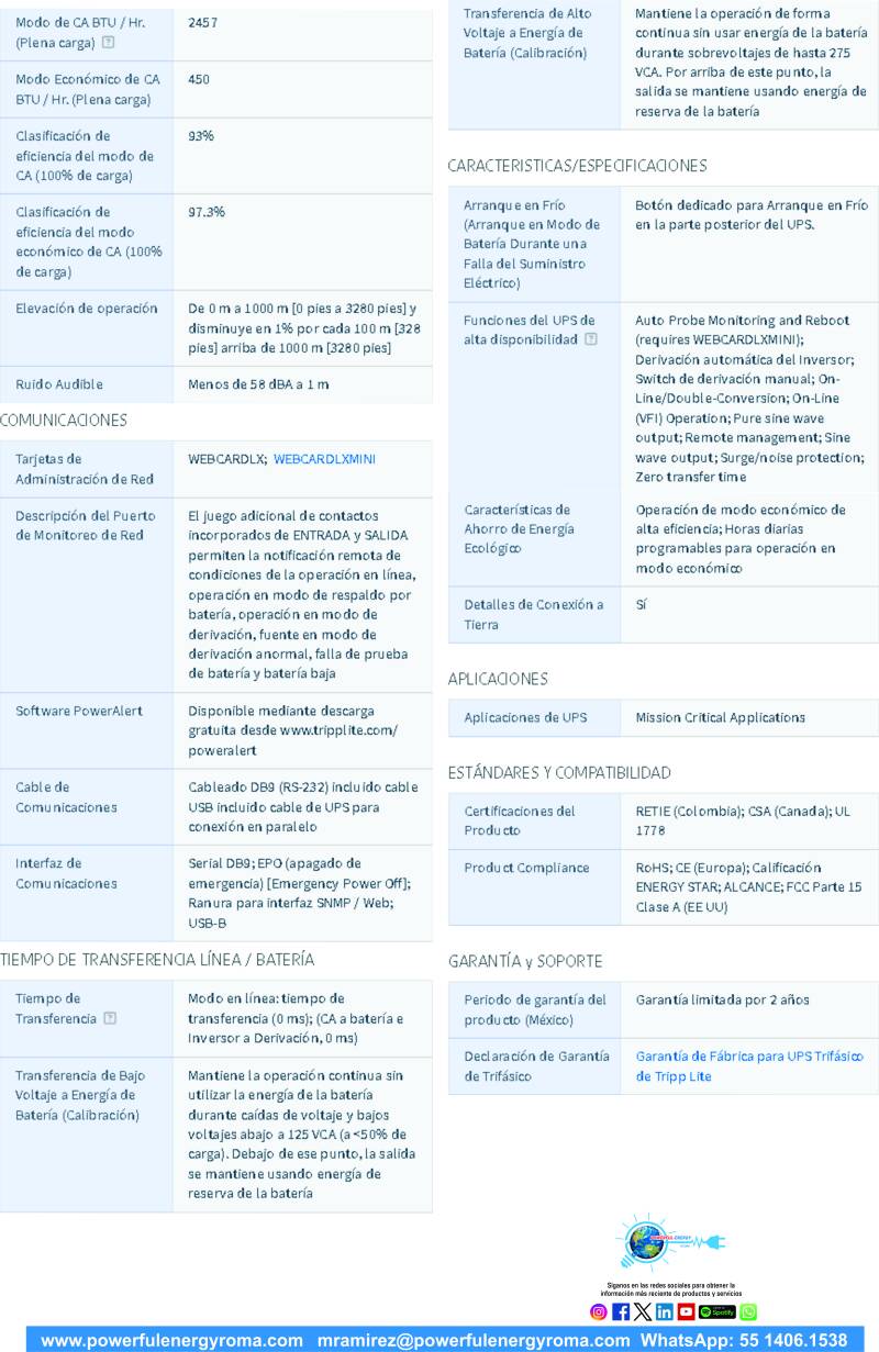 ESPECIFICACIONES 2 UPS S3M10K-NIB DOBLE CONVERSIÓN