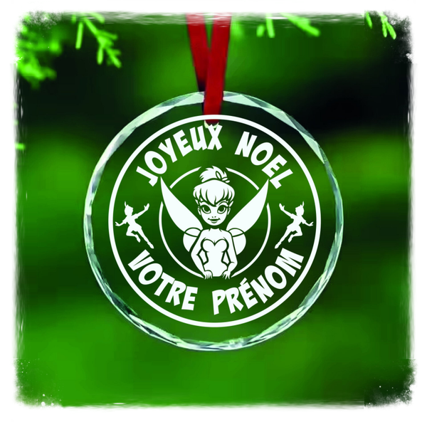 Boule de Noël personnalisée en verre effet cristal – Clochette – Gravure 2D laser CO₂