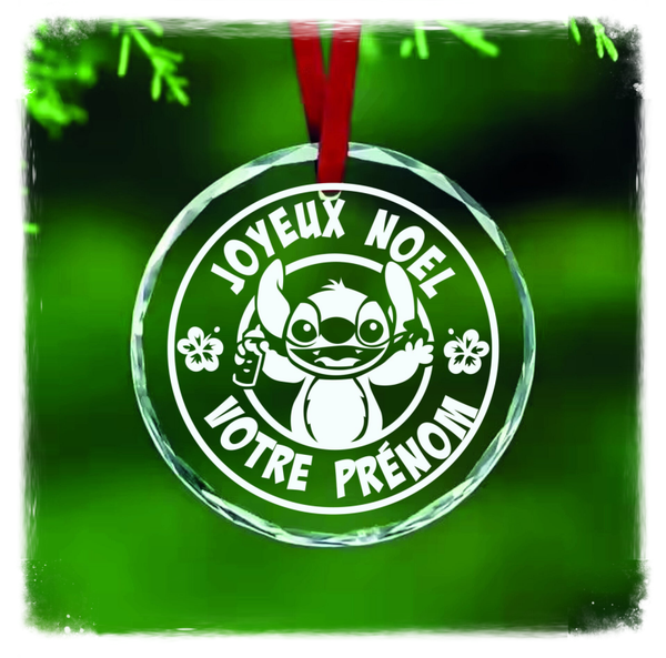 Boule de Noël personnalisée en verre effet cristal – Stitch 1 – Gravure 2D laser CO₂