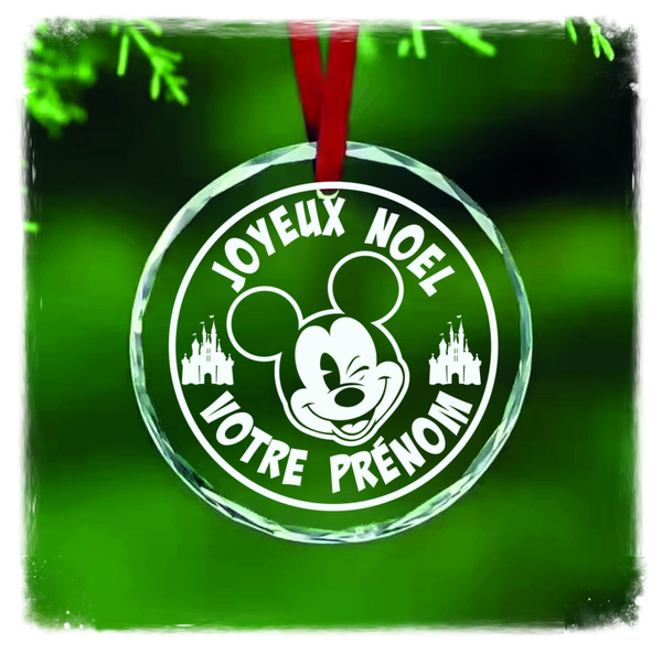 Boule de Noël personnalisée en verre effet cristal – Mickey – Gravure 2D laser CO₂