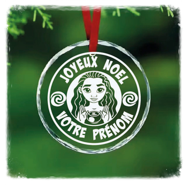 Boule de Noël personnalisée en verre effet cristal – Moana – Gravure 2D laser CO₂