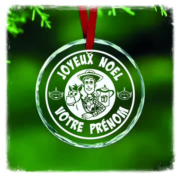 Boule de Noël personnalisée en verre effet cristal – Woody – Gravure 2D laser CO₂