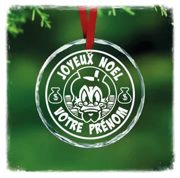 Boule de Noël personnalisée en verre effet cristal – Picsou – Gravure 2D laser CO₂