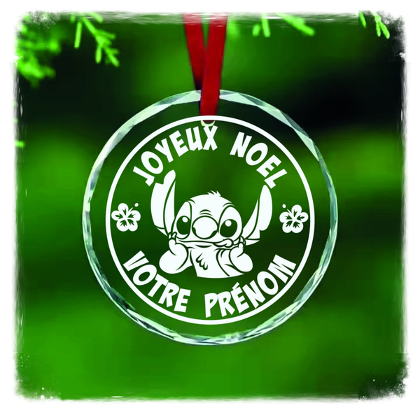 Boule de Noël personnalisée en verre effet cristal – Stitch 2 – Gravure 2D laser CO₂