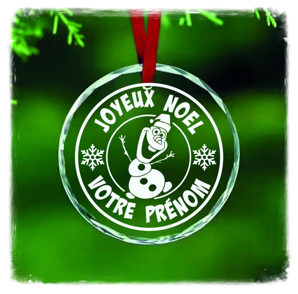 Boule de Noël personnalisée en verre effet cristal – Olaf – Gravure 2D laser CO₂