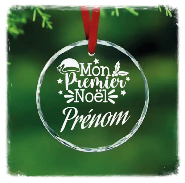 Boule de Noël en verre effet cristal – “Mon premier Noël” personnalisée avec prénom – Gravure 2D au laser CO₂