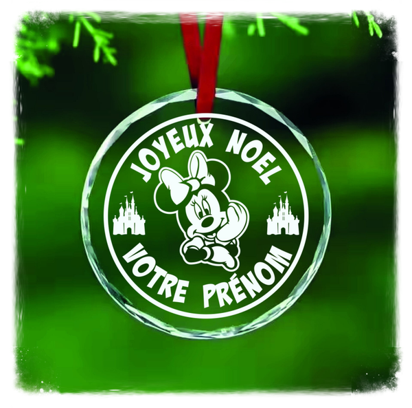 Boule de Noël personnalisée en verre effet cristal – Minnie – Gravure 2D laser CO₂