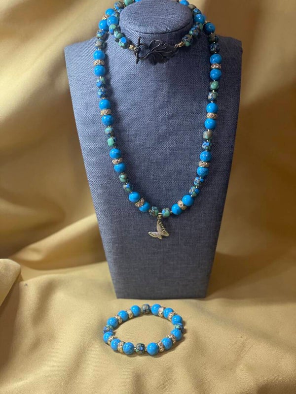 Blue Turquoise Necklace/Bracelet set Gold Butterfly Pendant