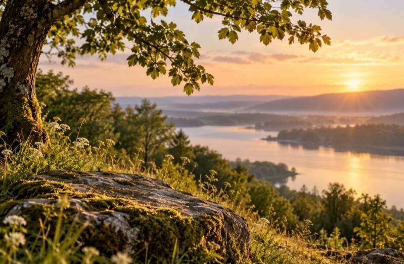 A scenic view of an old tree to the left on a rivr bank; the river can be seen in the distance in soft lighting as the sun sets.