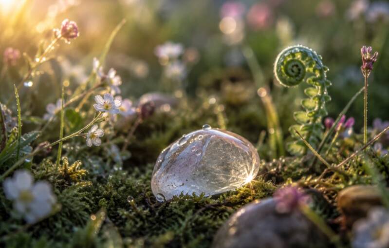 A dewdrop surrounded by ferns and small wild flowers