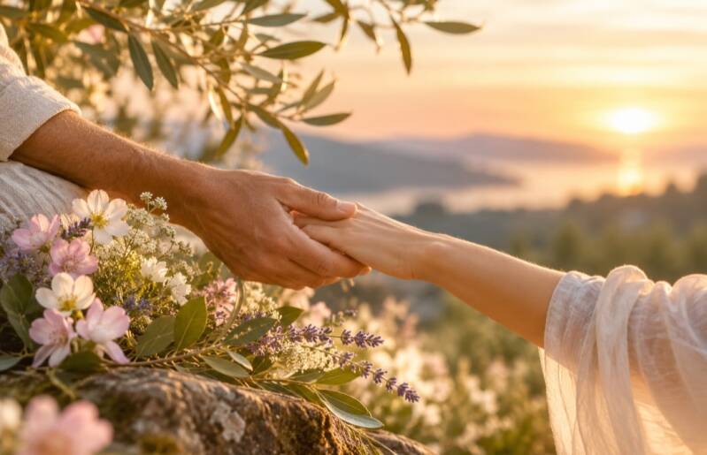 A man gently reaching out and holding a woman's hand softly, with a slightly blurred sunset in the background.