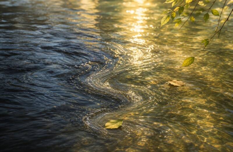 Swirling water and low hanging leaves on a branch showing the movement of life