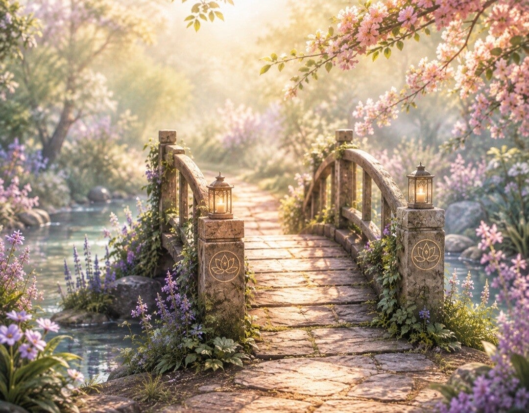 Stone bridge crossing a river with lanterns on both sides and lavender flowers