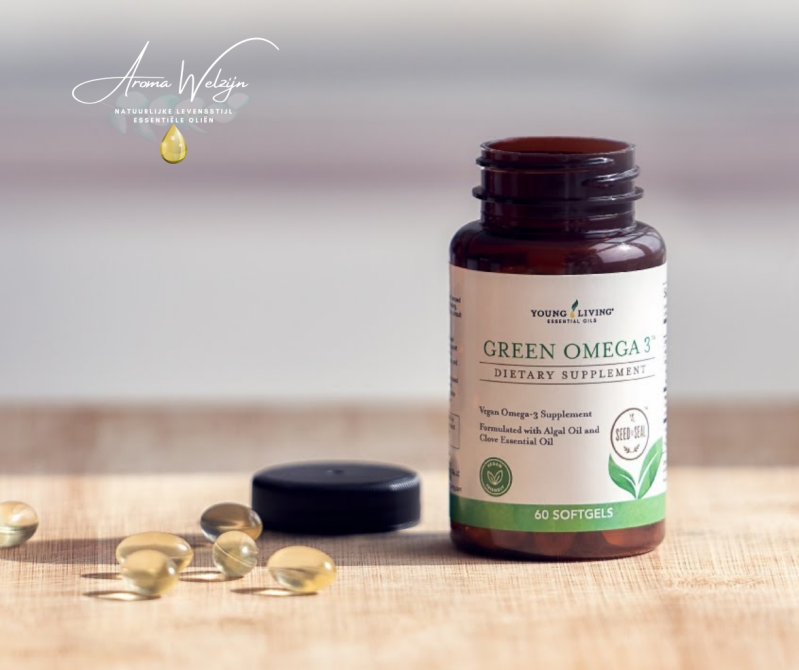 Green Omega 3 is een veganistisch voedingssupplement dat essentiële vetzuren Omega-3 levert uit algenolie
