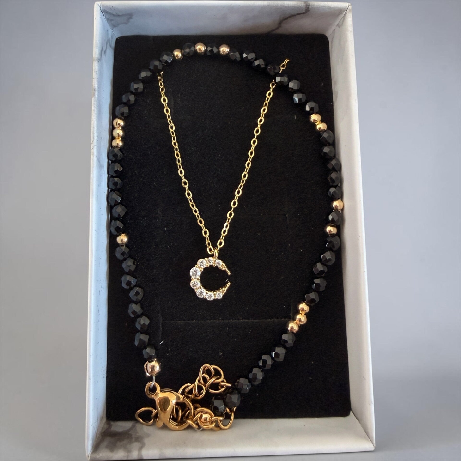 18K gullbelagt sølv måne & Obsidian armbånd