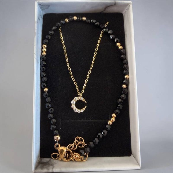 18K gullbelagt sølv måne & Obsidian armbånd