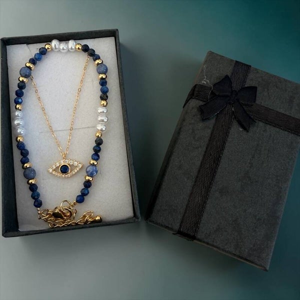 Gullbelagt S925 evil eye og lapskaus lazuli armbånd