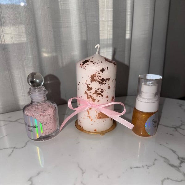 Venusian glød aktiverings bundle med rosa sløyfe, badesalt og aura spray