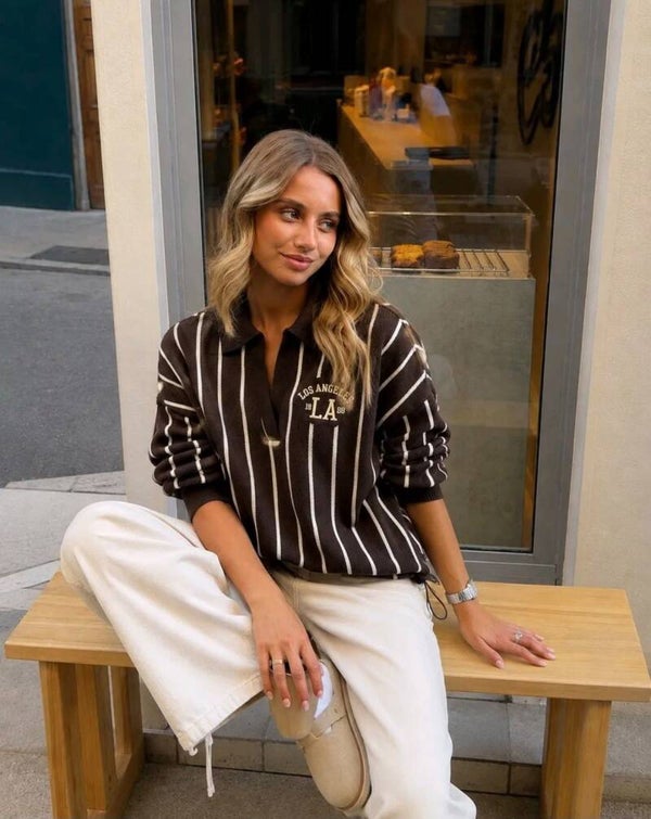 Gestreepte polo sweater bruin