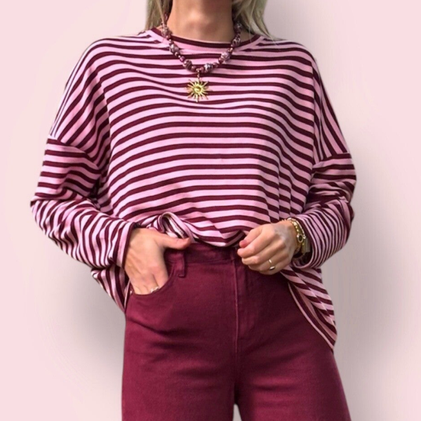 Gestreepte top | Bordeaux/roze