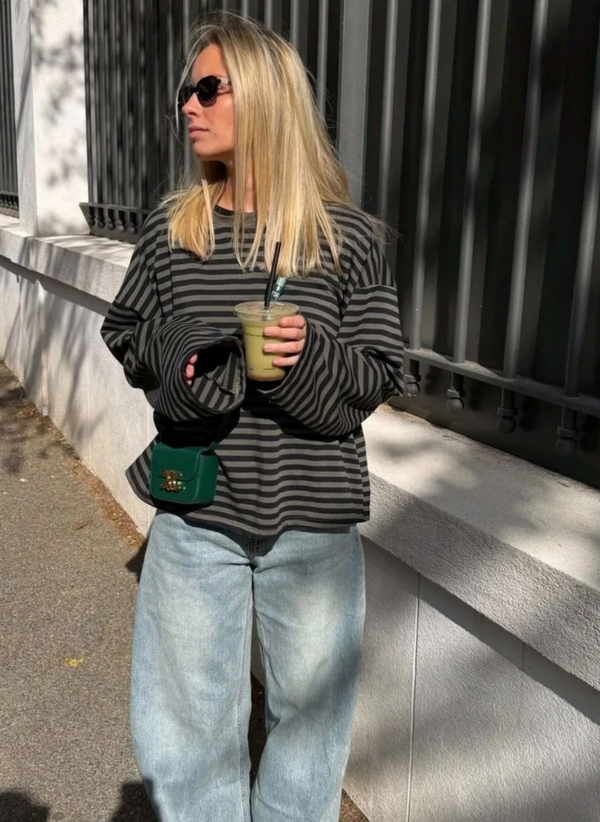 Oversized streep longsleeve Khaki/Zwart