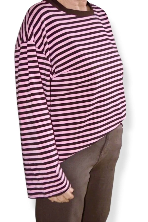 Shirt streep bruin/roze