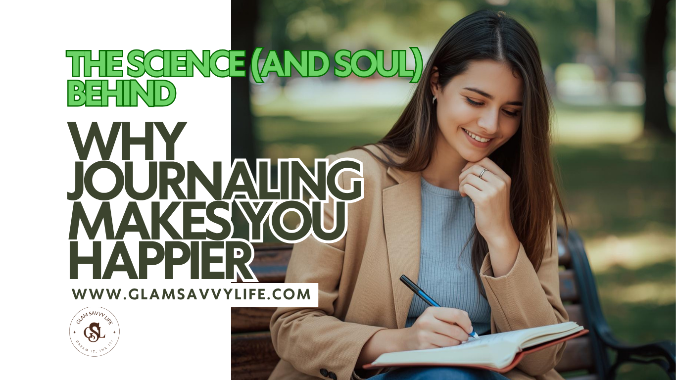 Woman smiling while writing in a journal in a park, showing the journaling benefits of reducing stress, improving clarity, and boosting happiness.