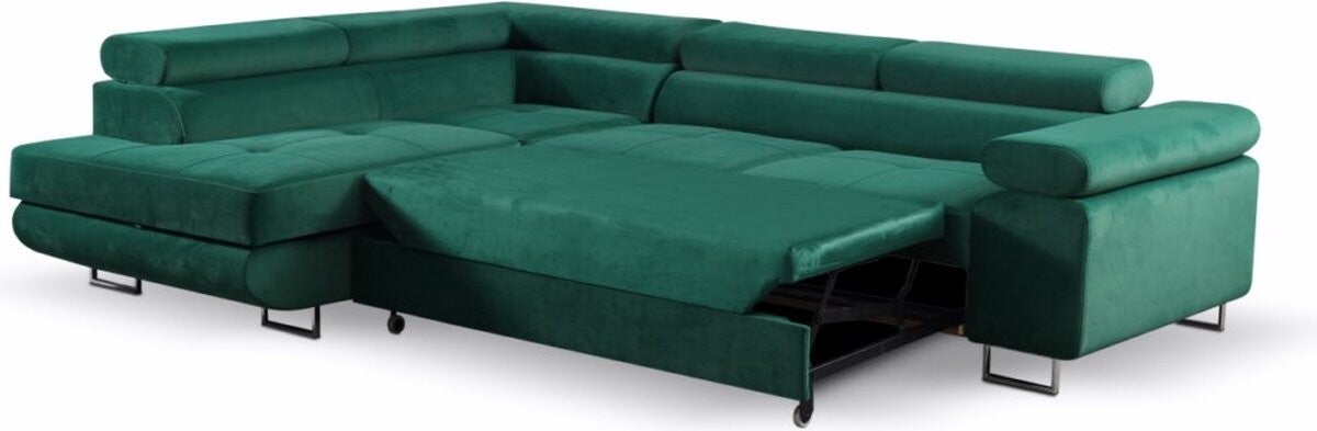 Antoni hoekbank links -273 x 202 cm - opklapbaar - met slaapfunctie - met container - 3 verstelbare hoofdsteunen - chromen poten - kleur turquoise