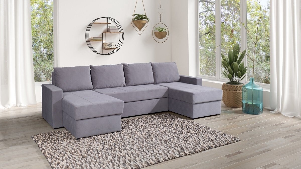 Hoekbank Denver Bis - Opklapbare hoekbank - Hoekbank met slaapfunctie - 2 beddengoedcontainer - grote U-hoekbank - voor in de woonkamer - Comfortabel - Grijs - 301 x 156 cm