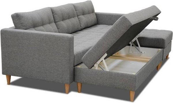 Hoekbank + poef - Hoekbank met slaapfunctie en opberger - Rechterkant - Fluwelen stof - Zwart - 220 x 150 cm