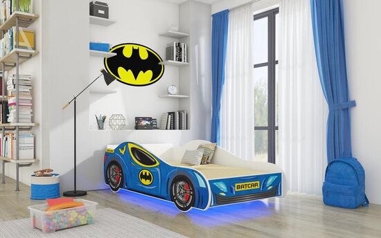 Eenpersoonsbed, Batcar autobed patroon, compleet met frame en schuimmatras