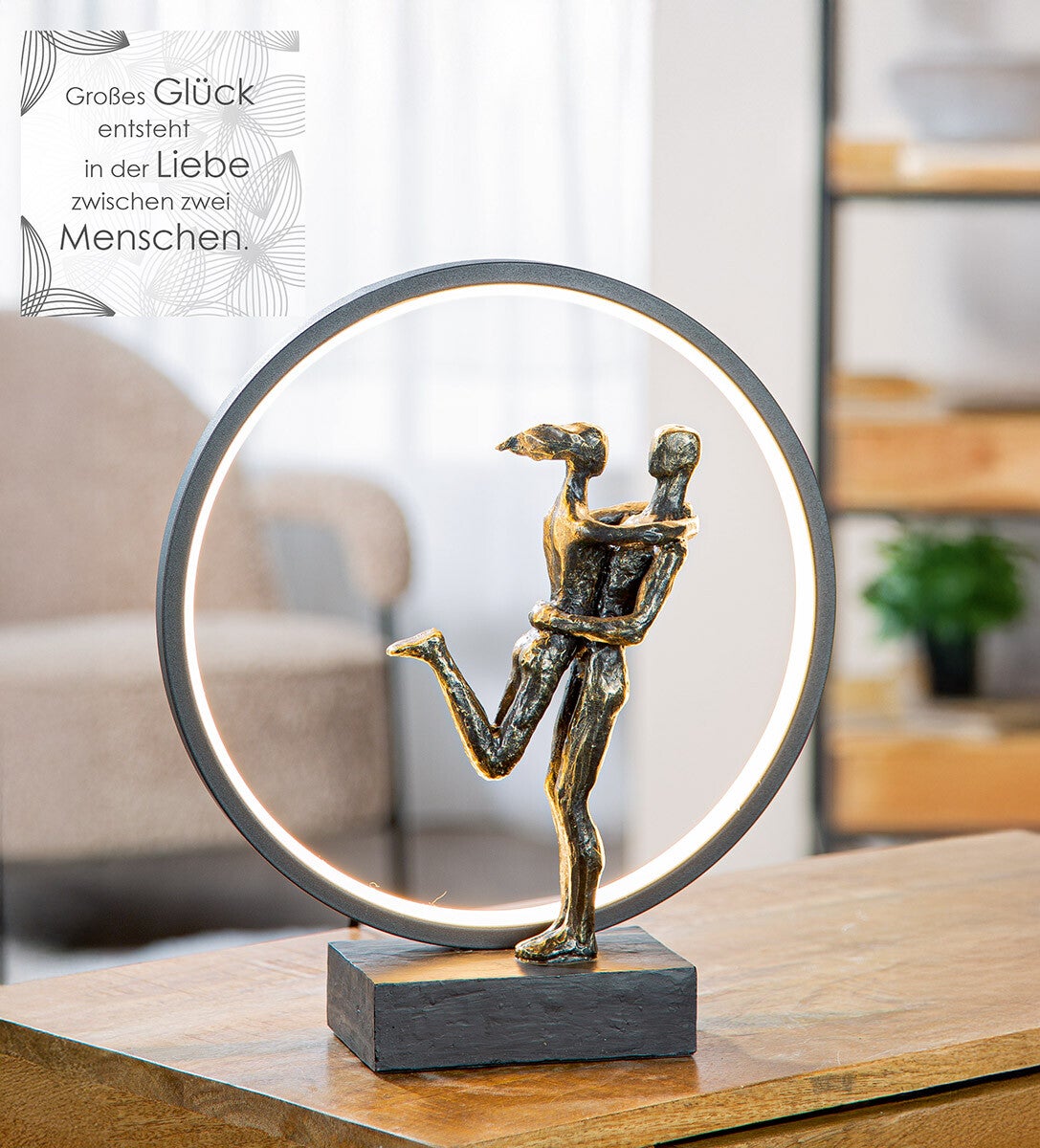 Gilde Happy Reunion – LED Tafellamp met Liefdespaar – Bronskleurig – 34,5 cm