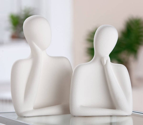 Gilde Pense – Set van 2 Decoratieve Denkende Figuren – Wit Keramiek – 21 cm
