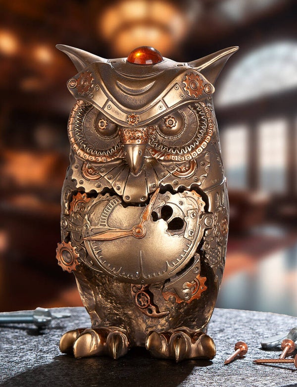 Figur, Eule, "Steampunk Owl", Kunstharz, bronzefarben, VE 2, L. 10 cm, B. 13 cm, H. 21 cm