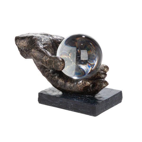Gilde Erkenntnis – Sculptuur Hand met Glazen Bol – Zwart en Brons – 22 cm