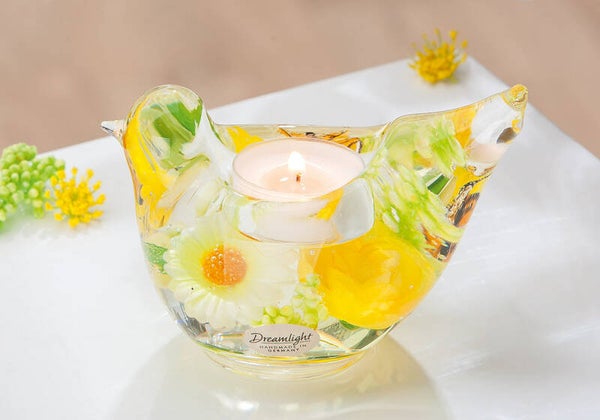 Gilde Dreamlight Springtime – Glazen Theelichthouder Vogel – Geel – 13 cm