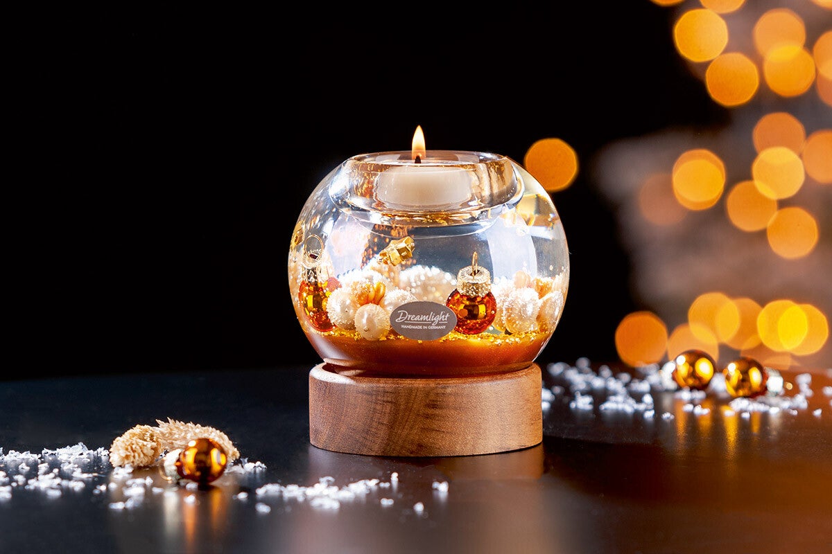 Gilde Dreamlight Cozy Night – Mercur Theelichthouder op Houten Voet – 9 cm