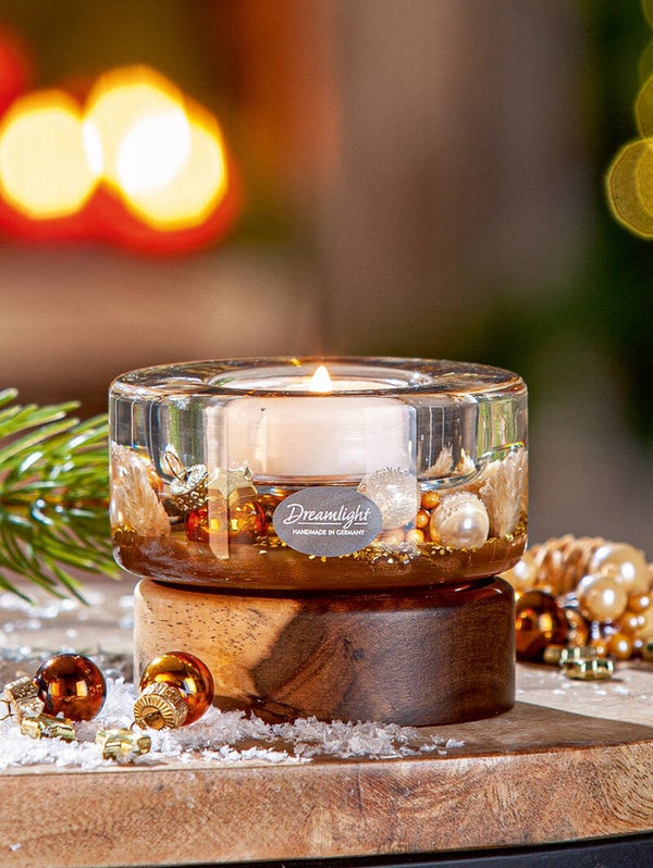 Dreamlight, Teelichtleuchter, Colum Smart auf Holzbase, "Cozy Night", Glas, Holz, braun, VE 4, H. 6.5 cm, D. 8.5 cm