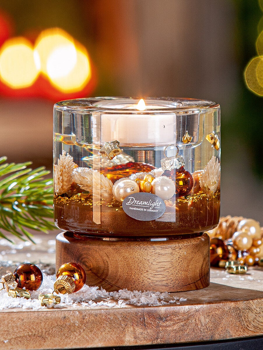Gilde Dreamlight Cozy Night – Mercur Theelichthouder op Houten Voet – 9 cm