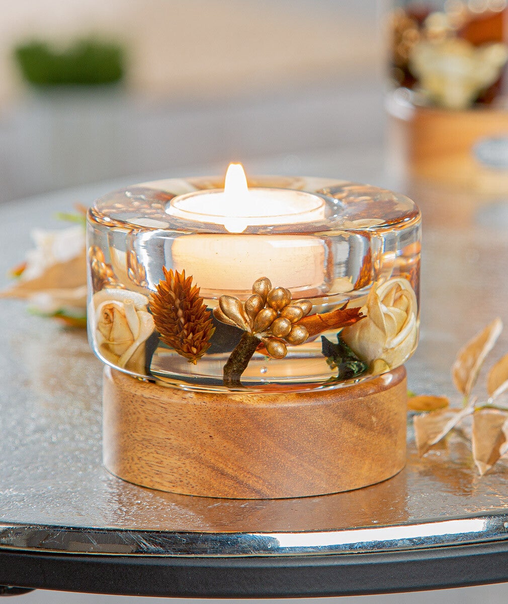 Gilde Dreamlight Elegance – Glazen Theelichthouder op Houten Voet – 6,5 cm