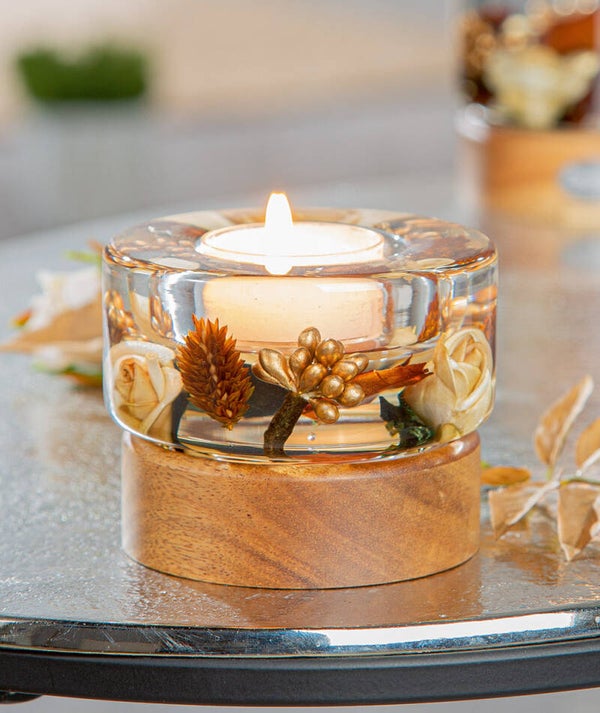 Gilde Dreamlight Elegance – Glazen Theelichthouder op Houten Voet – 6,5 cm
